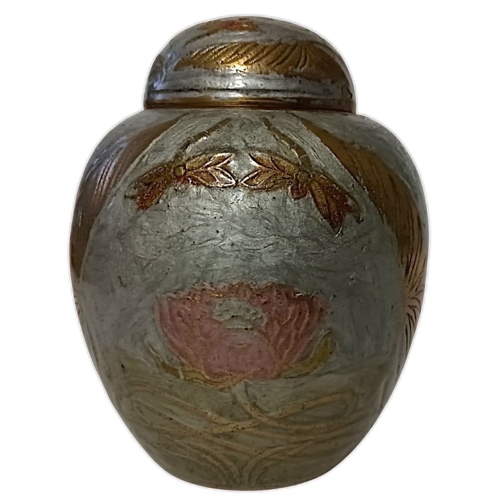 Vintage Brass Ginger Jar Urn Vase Painted Silver Dragonfly Lotus Flowers Patina. - Picture 11 of 16